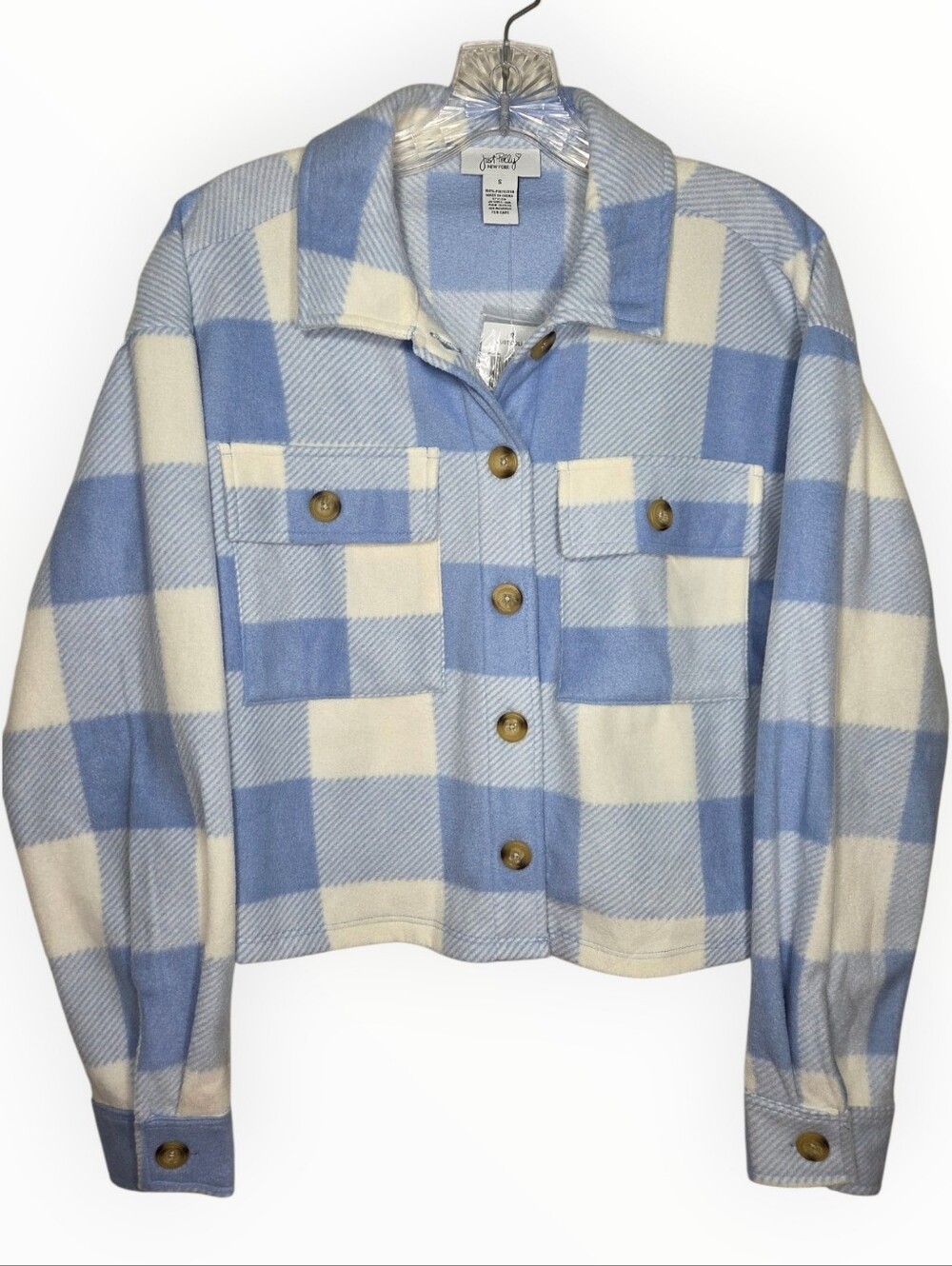 Checked Cropped Shacket in Light Blue & Cream by Lucky Brand